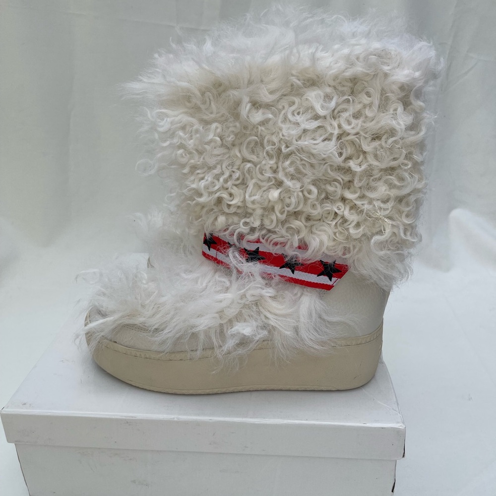 Off-White Curly Shearling Ankle Boots with Red & Black Star Strap